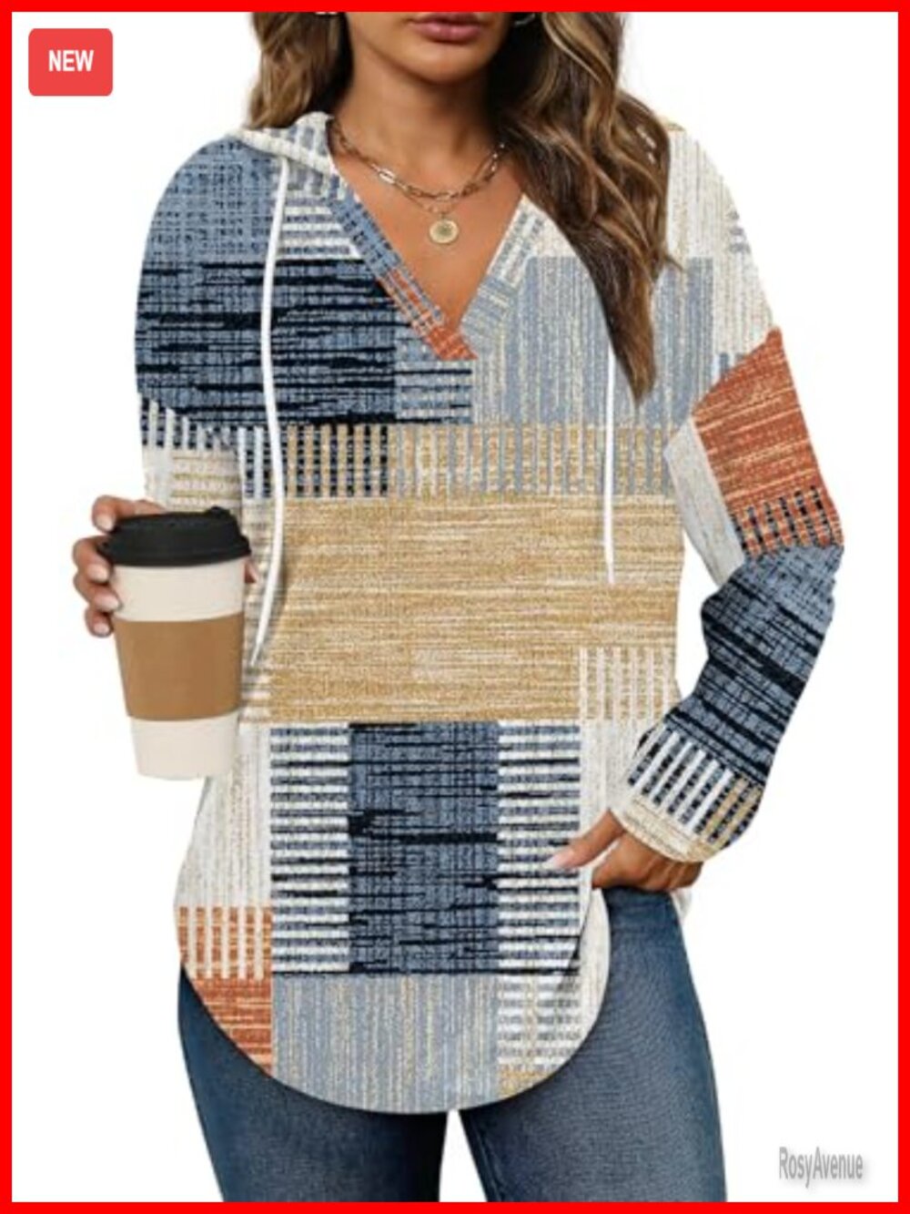 Womens Long Sleeve Fleece Hoodie Sweatshirt V-Neck Plaid Oversized